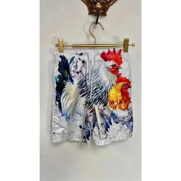 Youth Boys White Rooster Chicken Quick Drying Swim Trunks Medium - Picture 2 of 11